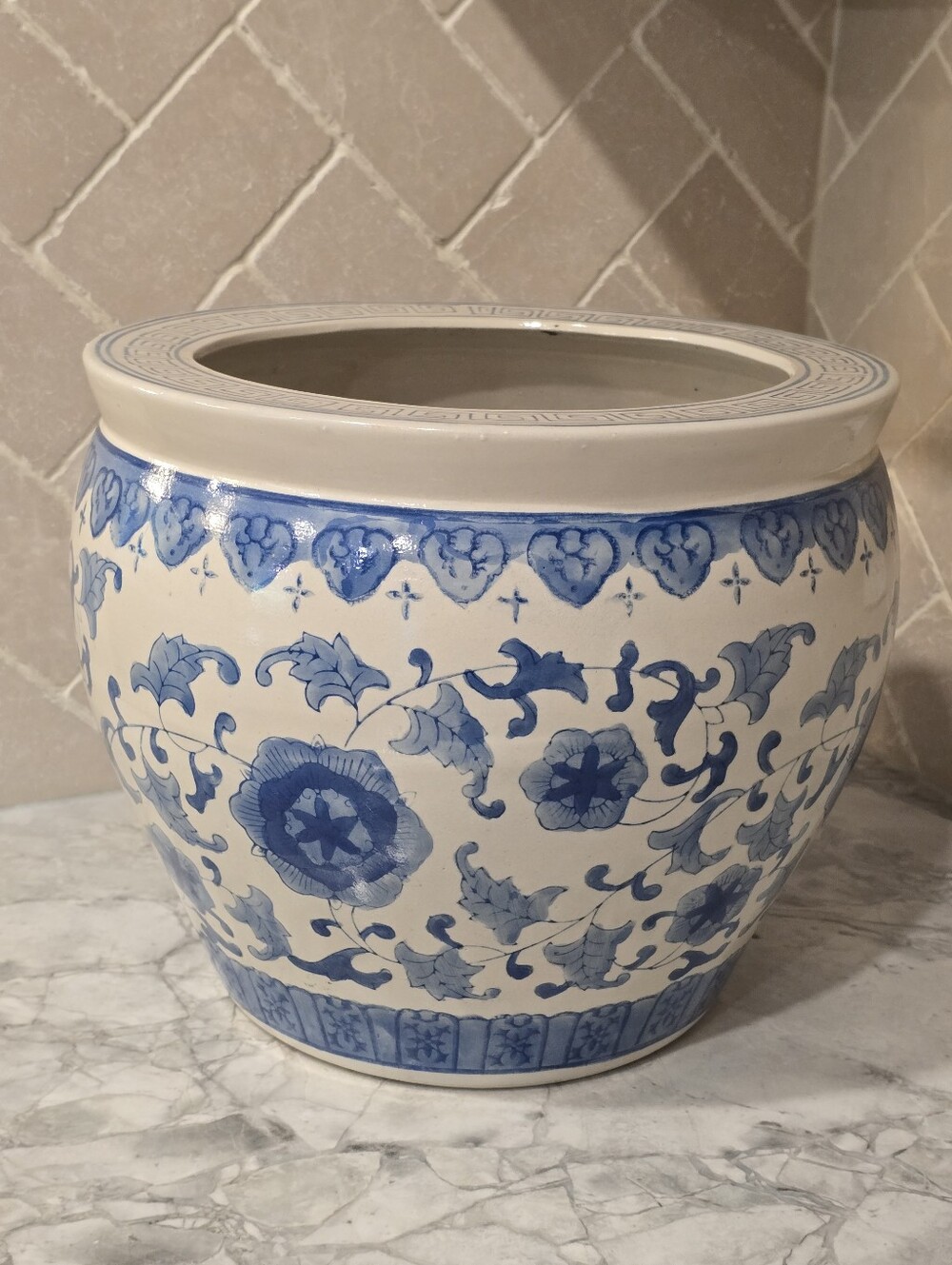 Vintage Large Chinese Blue & White Floral Pot Fish Bowl Planter W/ Greek Key